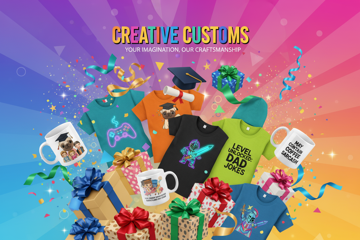Design a vibrant creative hero banner for a custom gift shop Shopify store.

Composition:
- Explosion of colorful products arranged artistically: mugs, t-shirts, hoodies all with visible unique designs
- Each product showing different creative themes (family, gaming, graduation, funny quotes)
- Gift boxes, ribbons, and wrapping paper integrated throughout
- Confetti and celebratory elements floating in the air
- Bold colorful background with gradient or abstract shapes