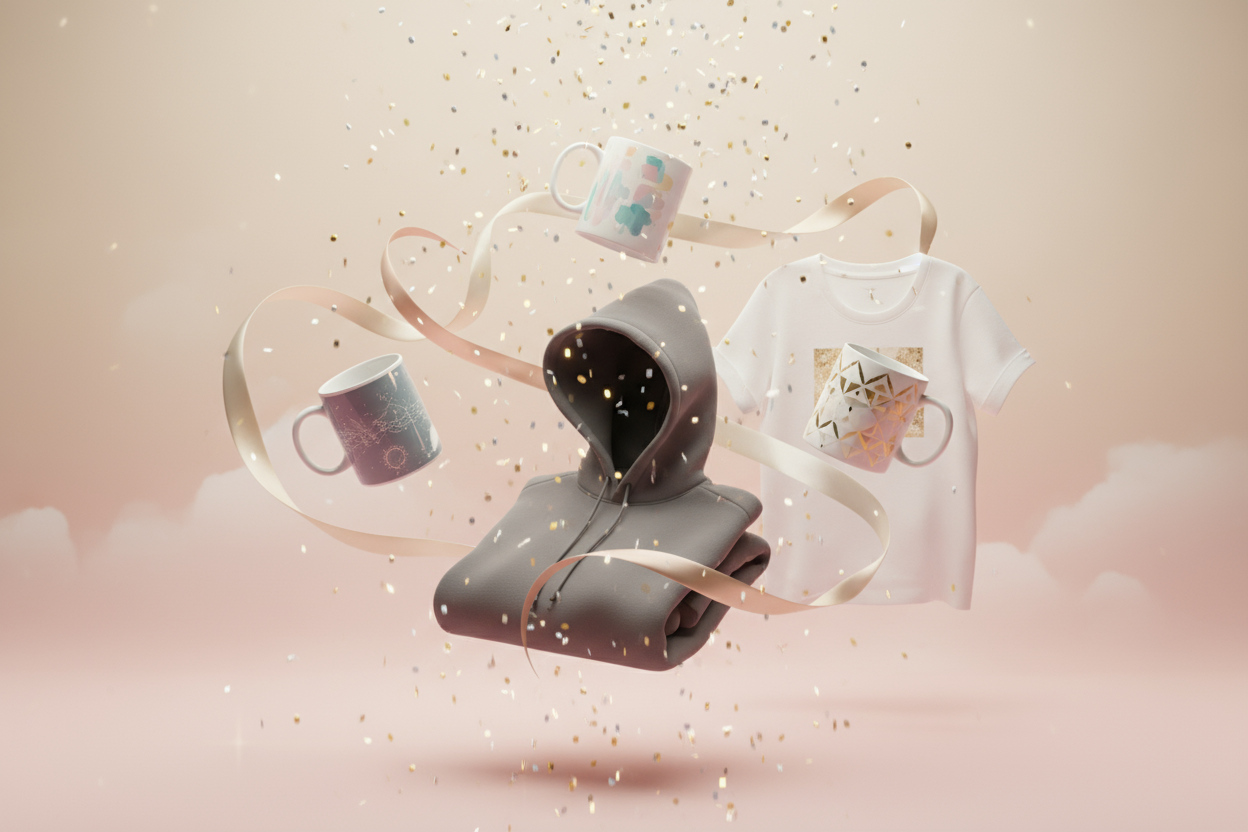 Dreamy 8-second commercial showing multiple gift products floating weightlessly in soft studio space. Three custom designed mugs with different creative prints, folded premium hoodie, t-shirt, all gently rotating and bobbing at different rhythms against soft gradient background (cream to blush pink), silk ribbons flowing gracefully between products, sparkles and confetti drifting through scene, warm soft lighting creating magical atmosphere, all products complete synchronized 360-degree rotation together, c